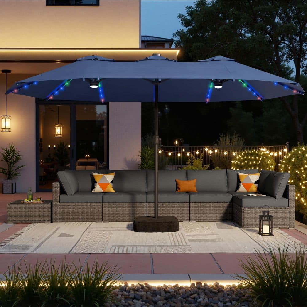 Holly Gray 8-Piece Wicker Patio Conversation Set with Black Cushions and Patio Umbrella in Dark Blue price history on PriceWatchPro