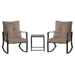 3- Piece Metal Rocking Outdoor Bistro Set with Khaki Cushions, Patio Steel Conversation with Glass Coffee Table