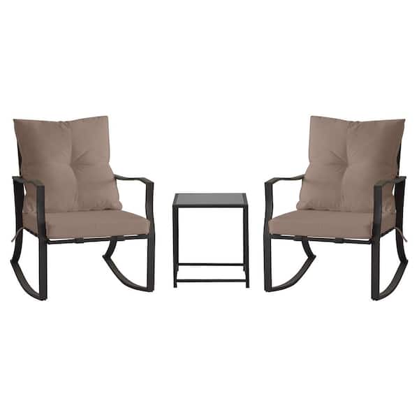 Cesicia 3- Piece Metal Rocking Outdoor Bistro Set with Khaki Cushions, Patio Steel Conversation with Glass Coffee Table