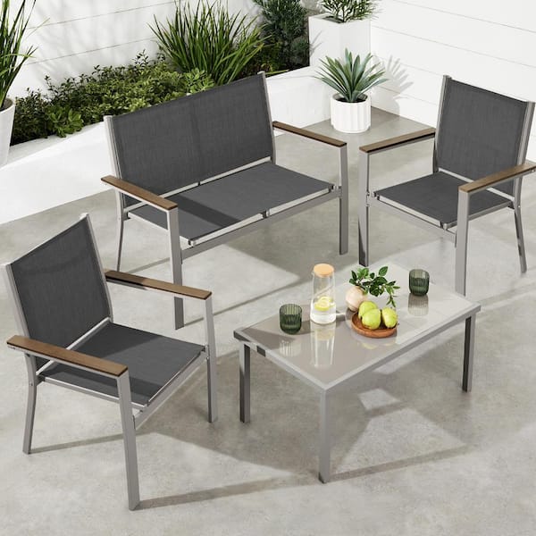 Best Choice Products Taupe 4-Piece Outdoor Charcoal Textilene Metal Patio Conversation Furniture Set w/ Loveseat, Table