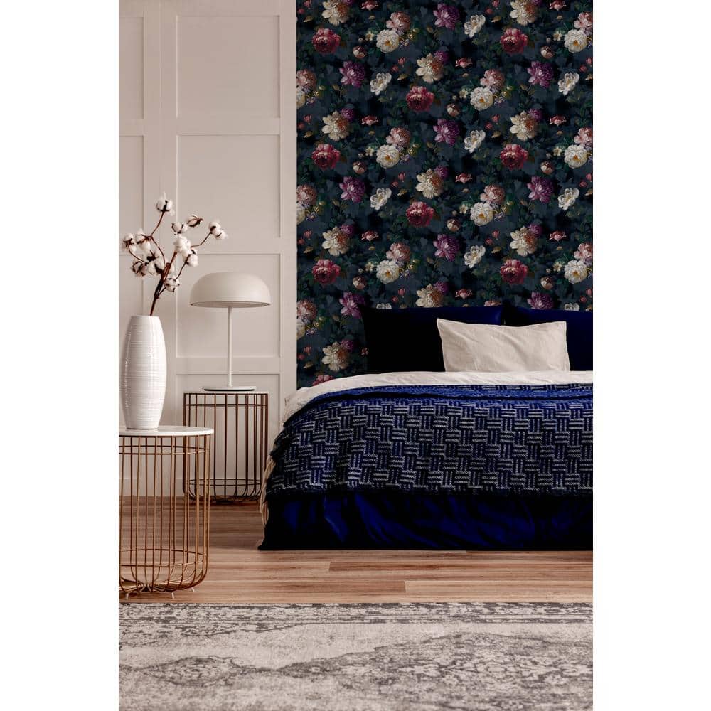 Navy Floral Wallpaper with Hand Painted Blooms, 20.5" x 396"