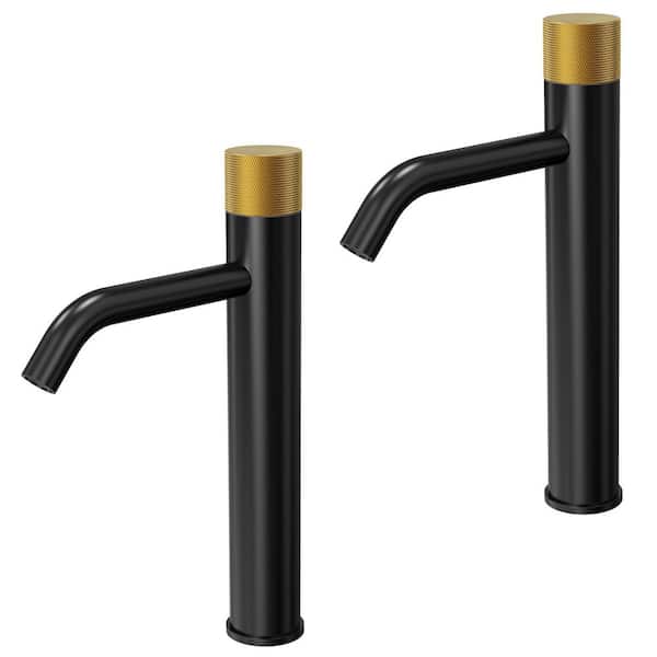 Waterfall Mid-Arc 1-Hole Single Handle Sink Faucet Vessel Faucet in Matte Black and Gold with Pop-Up Drain(2 Pack)