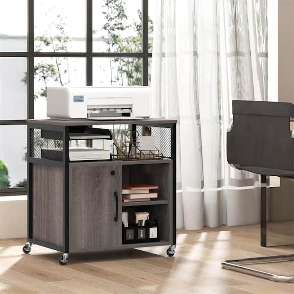 Costway 0-Drawer Grey Engineered Wood 24 in. W Vertical File Cabinet on Wheels with Charging Station