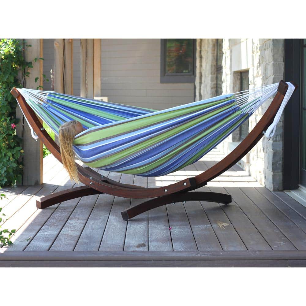 Vivere Blue and Green Striped Cotton Hammock with Pinewood Stand