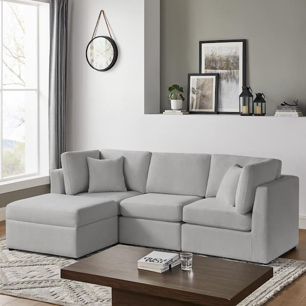 Chandler 93 in. Square Arm 4-piece Polyester Performance Fabric Rectangle XL Sectional Sofa in Gray with Storage Ottoman