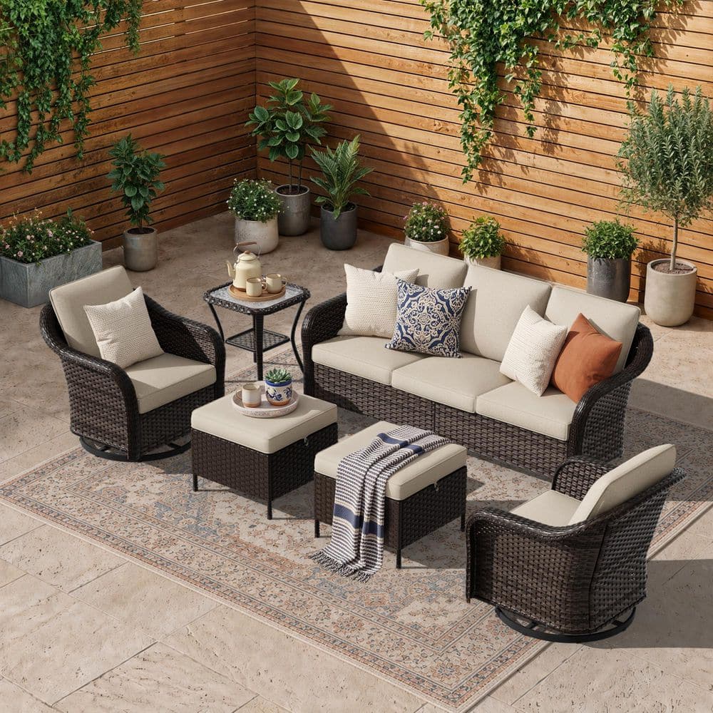6-Piece Brown Wicker Patio Conversation Sofa Set with Beige Cushions Swivel Rocking Chairs and Ottomans price history on PriceWatchPro