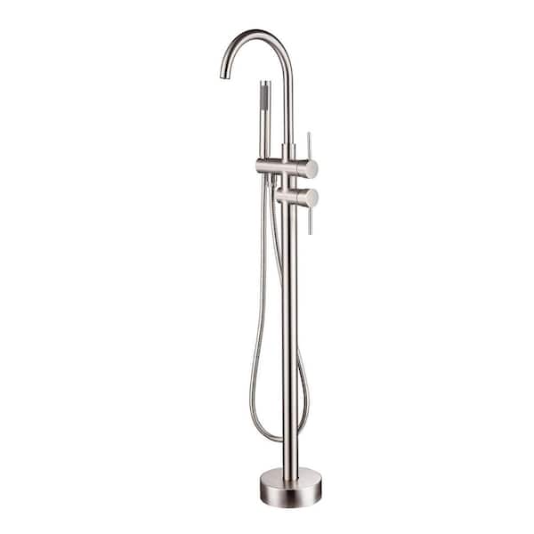 2-Handle Residential Freestanding Bathtub Faucet with Hand Shower in Brushed Nickel