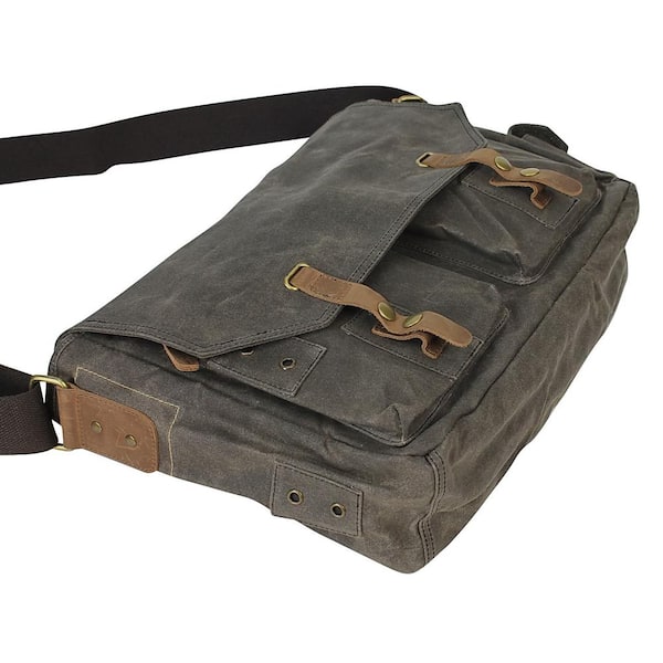 15.6 inch Genuine Leather Waterproof Vintage Waxed Canvas Mens Messenger Bag