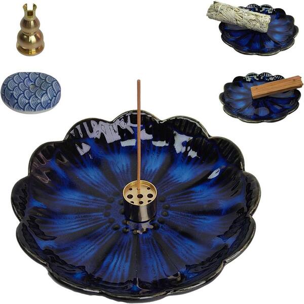 Afoxsos Blue Ceramic Incense Holder with 3-Piece Ash Catcher Set