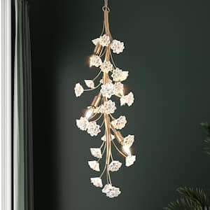 Modern Gold Bedroom Chandelier Light, 35.4 in. 4-Light Linear Dining Room Hanging Light with White Ceramic Flowers