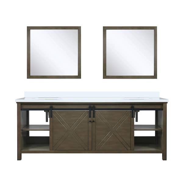 Lexora Marsyas 84 in W x 22 in D Rustic Brown Double Bath Vanity, White Quartz Countertop and 34 in Mirrors