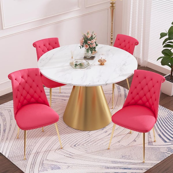 Boyel Living 5-Piece Round Stainless Steel White and Gold Marble Top Table Set Seats 4 (4 Rose Dining Chairs)