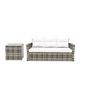 Alpine 2-Piece Rattan Wicker Outdoor Sofa Couch and Side Table Set with White Cushions