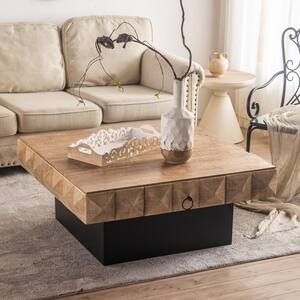 41.33 in. Square Wood Top 3-Dimensional Embossed Retro Coffee Table with 2-Drawers and MDF Base in Brown