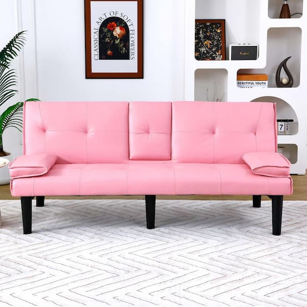 Unbranded 67 in. Pink PVC Leather Futon Couch Sofa Bed Adjustable Recliner Love Seat Sleeper Sofa with Dual Cup Holders