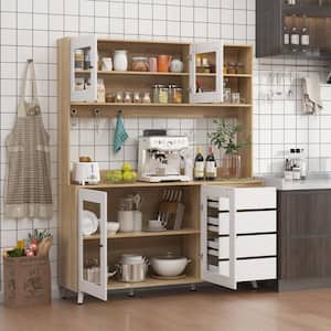 Glass Doors Light Brown Large Pantry Kitchen Cabinet With Hutch, 4-Drawers, Hooks 74.8 in. H x 63 in. W x 15.7 in. D