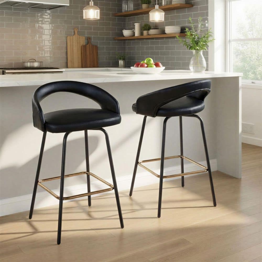 Grotto Upholstered 25.5 in. Black Faux Leather and Black Metal Fixed-Height Counter Stool Square Footrest (Set of 2) price history on PriceWatchPro