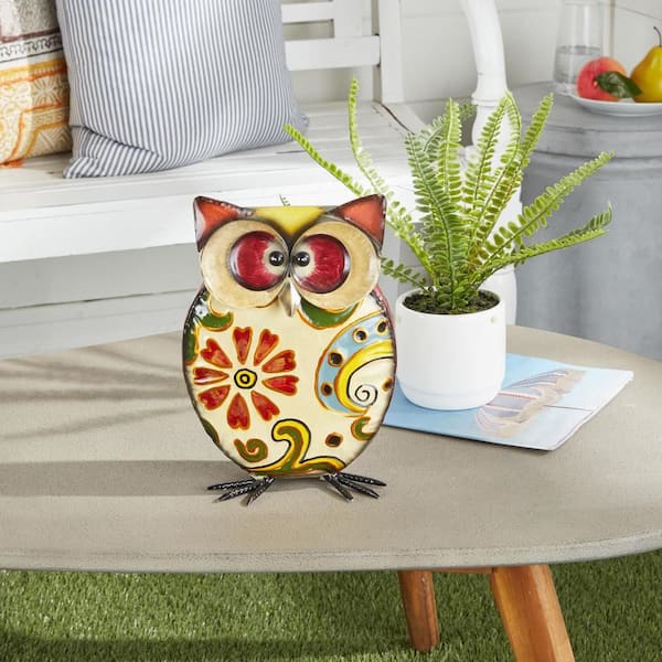 11 in. Metal Indoor Outdoor Owl Garden Sculpture with Floral Pattern
