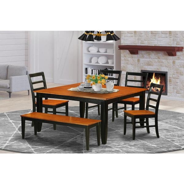 East West Furniture 6-Piece Rectangle Black Finish Solid Wood Top Dining Table with 1 Bench, 4 Chairs with Lattice Back