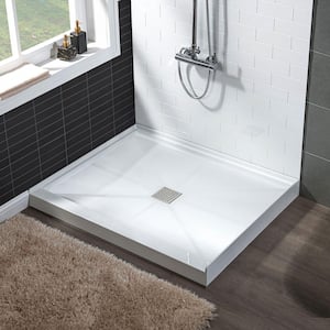 36 in. L x 36 in. W Alcove Solid Surface Shower Pan Base with Center Drain in White with Brushed Nickel Cover