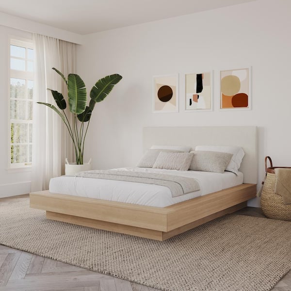 Marko Beige Oak Frame Queen Size Platform Bed with Upholstered Headboard