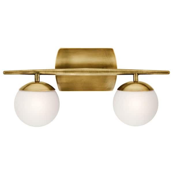Jasper 16.5 in. 2-Light Natural Brass Halogen Mid-Century Modern Bathroom Vanity Light with Etched Glass Shade