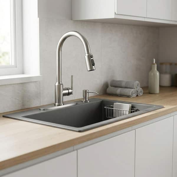 15.3 in. Single Handle 360° Pull Down Sprayer Kitchen Faucet with Soap Dispenser and Deck Plate in Brushed Nickel