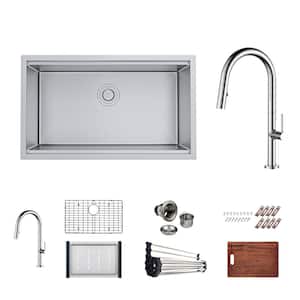 Bryn Stainless Steel 16- Gauge 30 in. Single Bowl Undermount Kitchen Sink Workstation with Modern Faucet, Grid, Drain