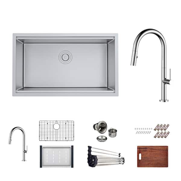 PELHAM & WHITE Bryn Stainless Steel 16- Gauge 30 in. Single Bowl Undermount Kitchen Sink Workstation with Modern Faucet, Grid, Drain