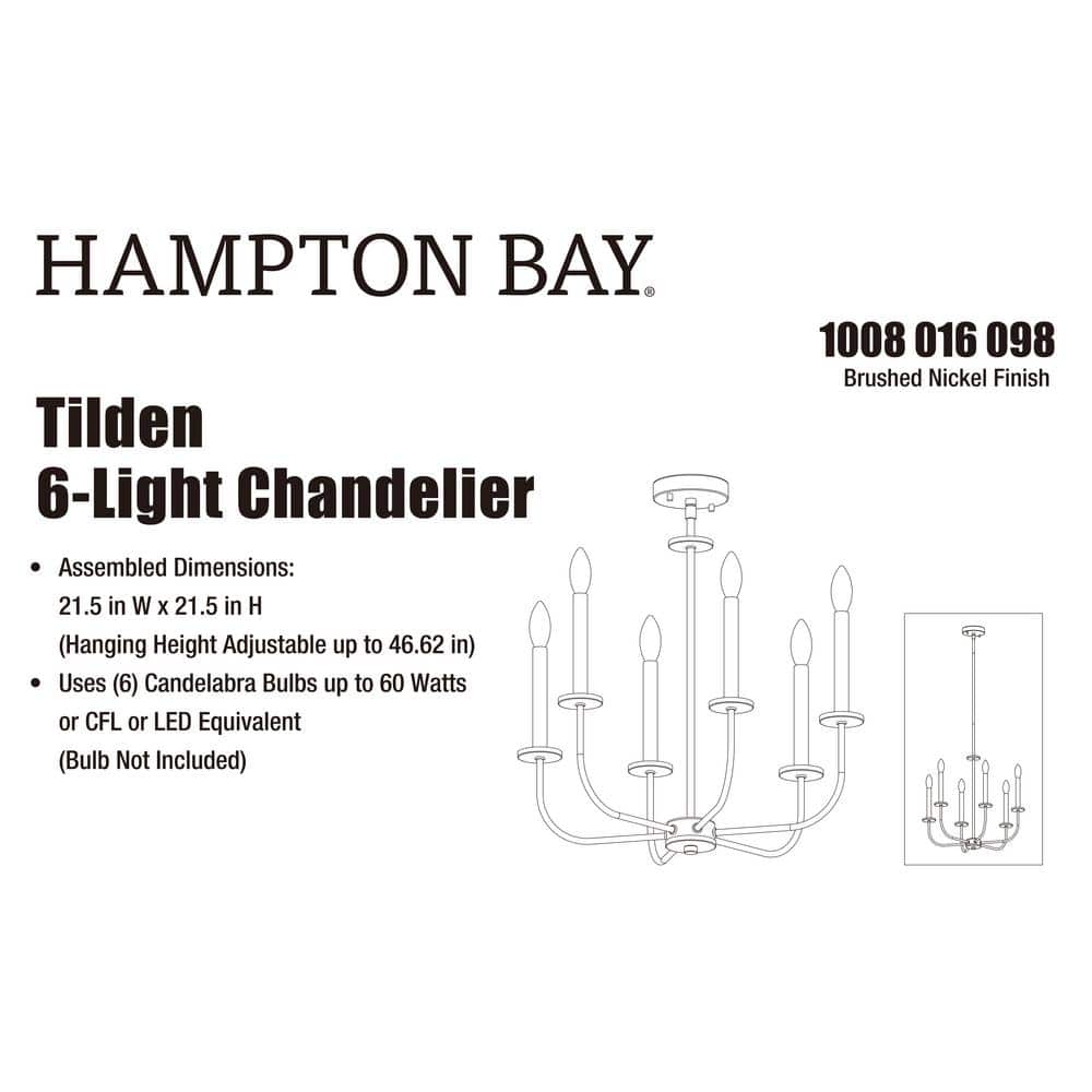 Brushed Nickel 6-Light Candle Chandelier with Adjustable Height