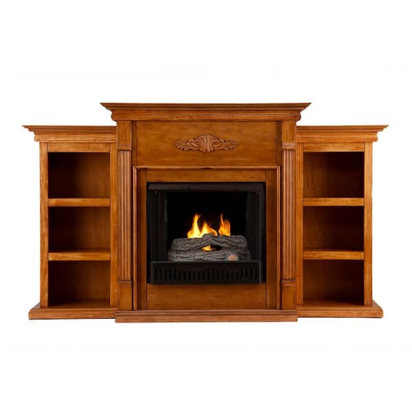 Southern Enterprises Tennyson 70 in. Gel Fuel Fireplace in Glazed Pine with Bookcases