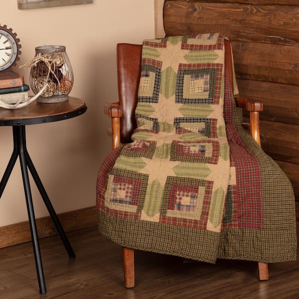 VHC BRANDS Tea Cab in. Green Khaki Red Rustic Quilted Cotton 60 in. x 50 in. Throw