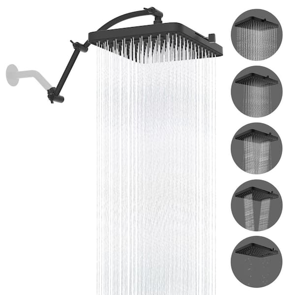 5-Spray Patterns w/ 1.8 GPM 13 x 10 in. Wall Mount Rain Fixed Shower Head w/ 16 in. Shower Extension Arm in Matte Black