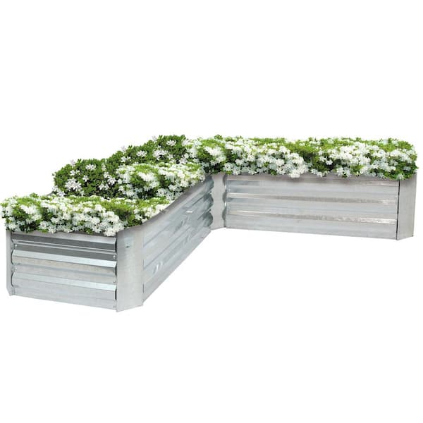 L-Shaped Silver Galvanized Steel Raised Garden Bed