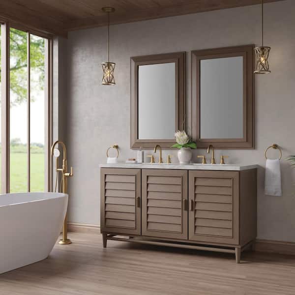 James Martin Vanities Portland 60.0 in. W x 23.5 in. D x 34.3 in. H Double Bath Vanity in Whitewashed Walnut with Victorian Silver Quartz Top