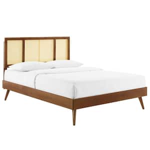 Kelsea Walnut Cane and Wood King Platform Bed with Splayed Legs