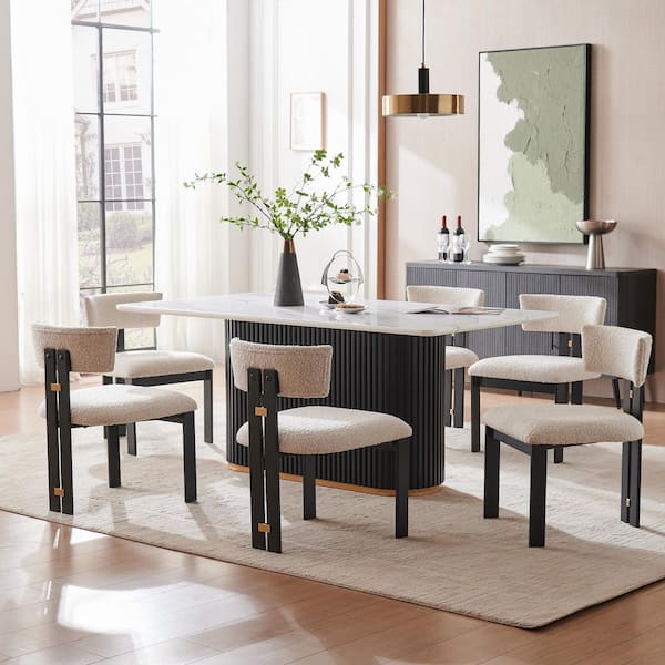 Modern 7-piece Faux Marble Rectangle Dining Table with Armless Boucle Chair in White Dining Room Set for Kitchen