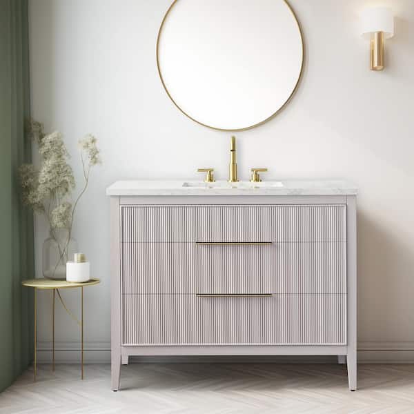 Emma 42 in. W Bath Vanity in Taupe with Engineered Stone Top in Arabescato with White Sink