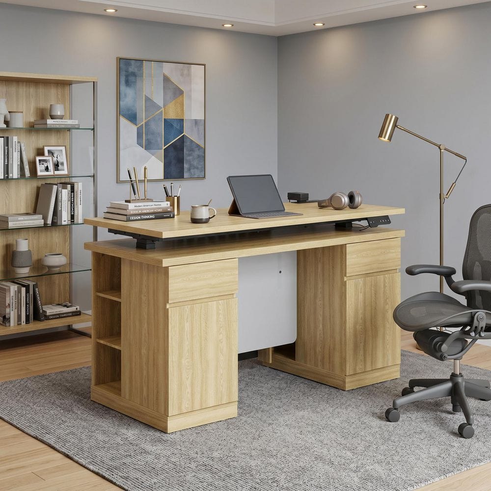 54.3 in. Rectangular Yellow Wood Grain 2-Drawer Gaming Desk with Adjustable Height and Shelves, Socket and Pegboard