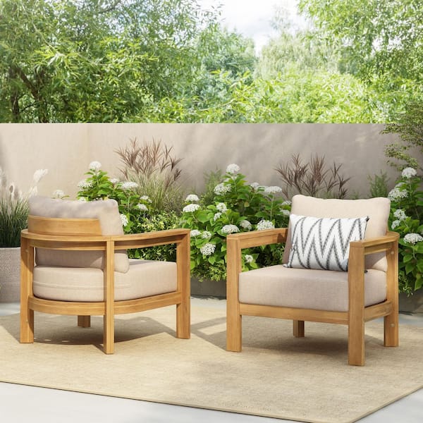 Ricardo Light Teak Finish Solid Wood Patio Outdoor Lounge Chair with Beige Cushions and Tub Design, (Set of 2)
