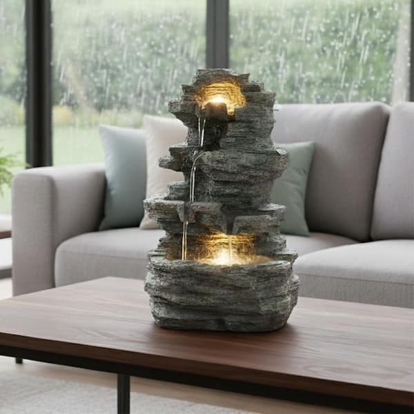 Tiered Indoor Tabletop Water Fountain with Cascading Waterfall and LED Lights