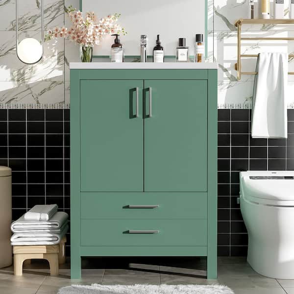 24 in. Freestanding Green Bath Vanity with White Ceramic Top, Silver Handles and Soft Closing Doors