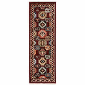 Red Blue Brown and Beige 2 ft. x 6 ft. Oriental Power Loom Stain Resistant Fringe with Runner Rug