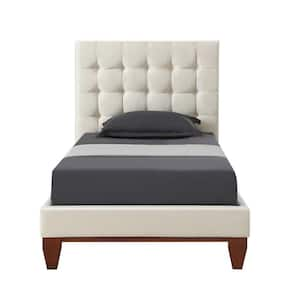 Beige Wood Frame Twin Panel Bed with Tufted; Upholstered