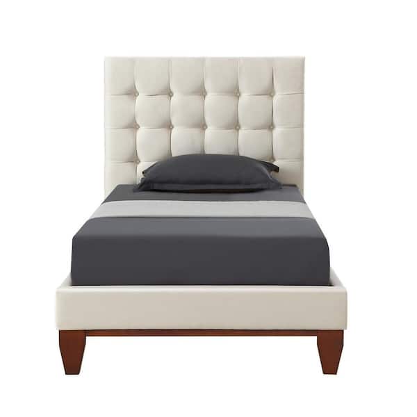HomeRoots Beige Wood Frame Twin Panel Bed with Tufted; Upholstered