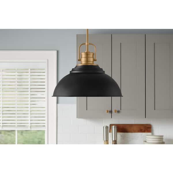 Home Decorators Collection Shelston 16 in. 1-Light Black and Brass Farmhouse Pendant Light Fixture with Metal Shade
