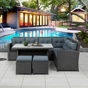Black 6-Piece Wicker Patio Conversation Sectional Seating Set with Dark Gray Cushion, Glass Table Ottomans for Pool Lawn