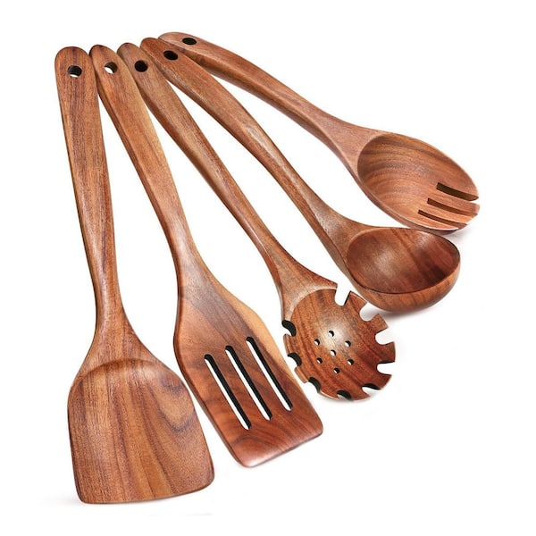 5-Piece Natural Teak Wooden Cooking Utensil Set Heat-Resistant Non-Stick Kitchen Accessory Set with Hanging Holes