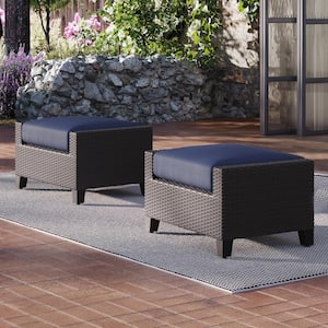 New Classic Furniture Skye Wicker Outdoor Ottoman with Blue Cushion (2-Pack)