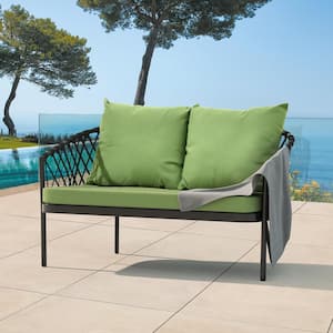 Black Metal Frame Rope Woven Outdoor Loveseat with Green Cushion